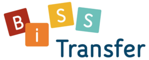 Vier farbige Würfel des BiSS-Logos und Schrift Transfer